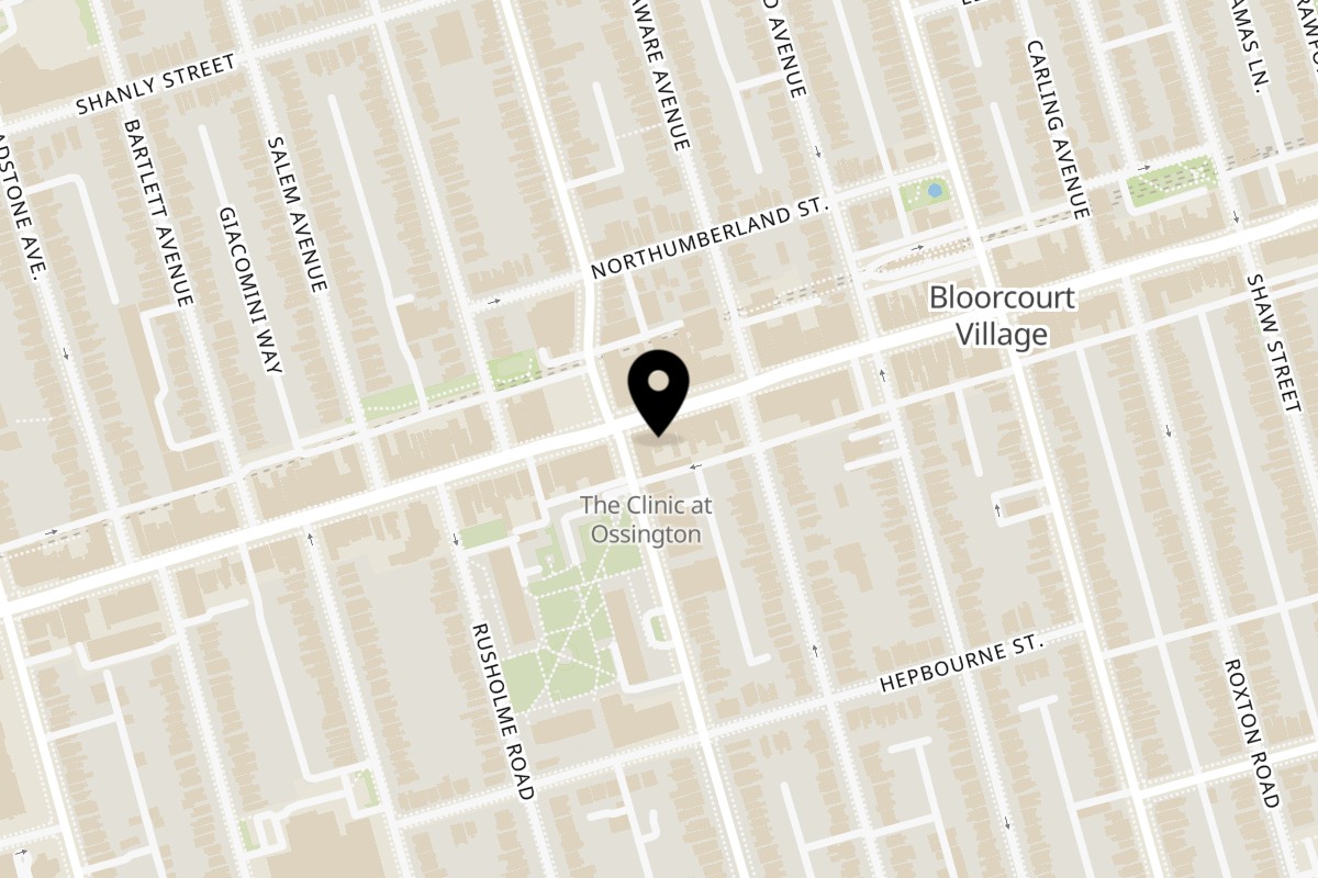 Map showing the location of Taqueria Vegana Bloorcourt Village - Bloor on 975 Bloor Street West in Toronto